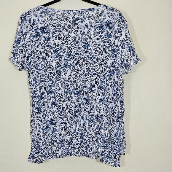 Artisan NY Top L Womens White Navy Floral SS Round Neck Office Casual Linen Boho - Picture 2 of 12